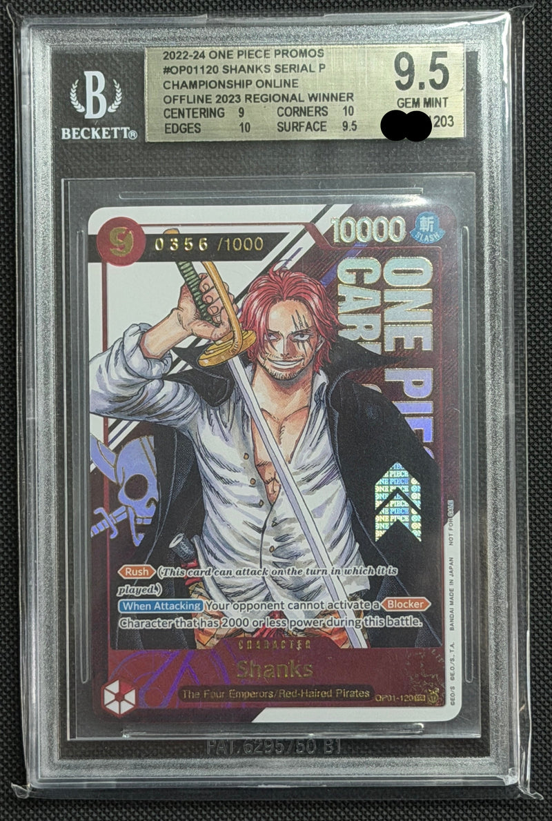 2022-24 One Piece Promos #OP01120 Shanks Serial P Championship Online Offline 2023 Regional Winner BGS9.5